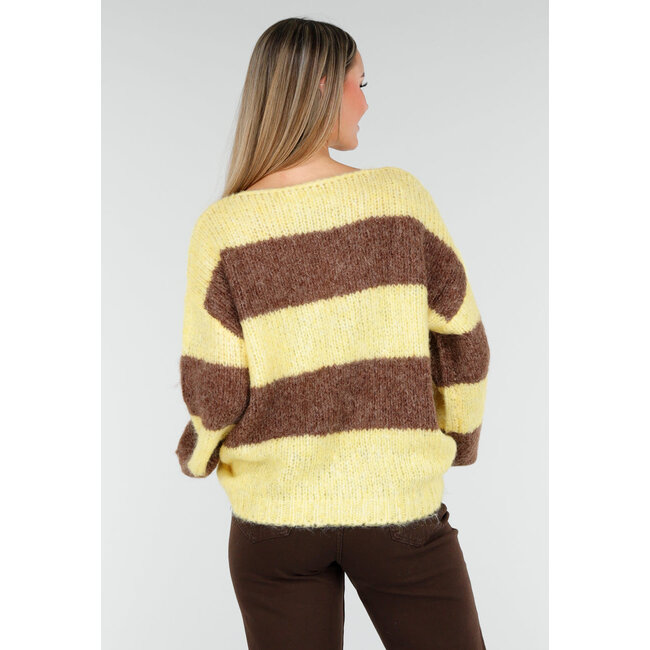 Gestreifter, flauschiger Pullover in Gelb und Braun mit lockerer Passform