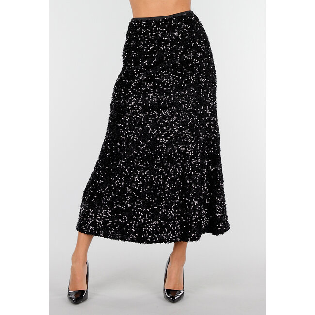 Schwarzer Midirock mit Allover-Pailletten und dezent ausgestelltem Saum