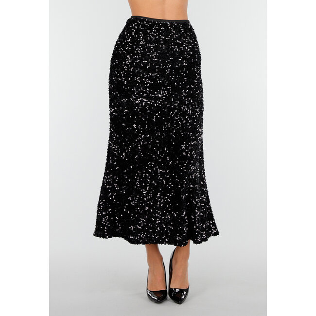 Schwarzer Midirock mit Allover-Pailletten und dezent ausgestelltem Saum