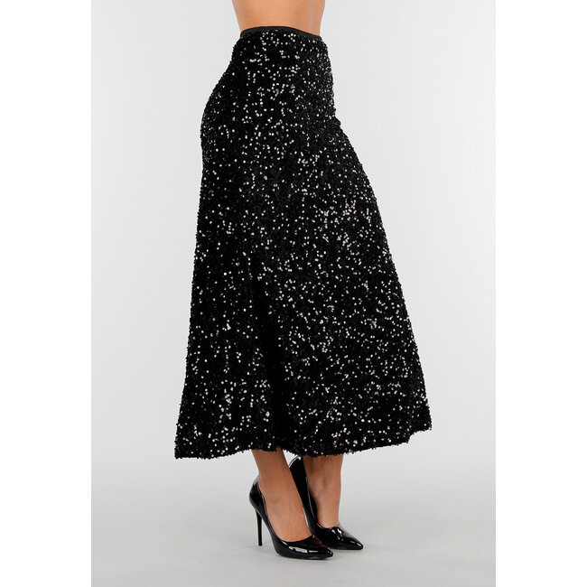 Schwarzer Midirock mit Allover-Pailletten und dezent ausgestelltem Saum