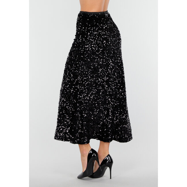 Schwarzer Midirock mit Allover-Pailletten und dezent ausgestelltem Saum