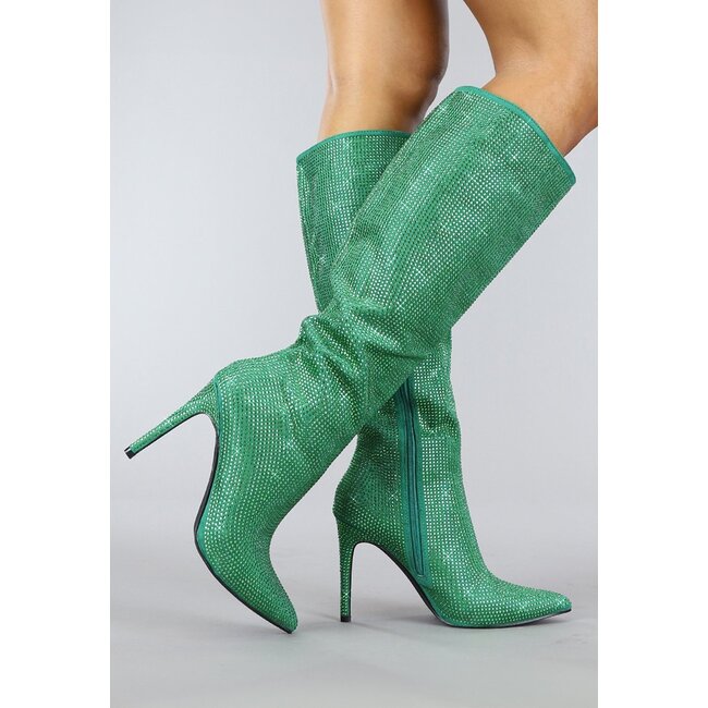 Lange grüne Glitzerstiefel mit Stilettoabsatz