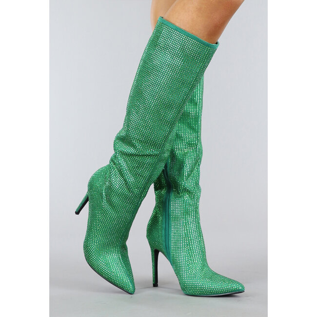 Lange grüne Glitzerstiefel mit Stilettoabsatz
