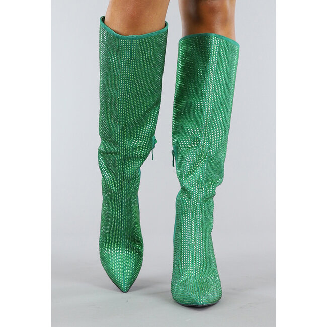 Lange grüne Glitzerstiefel mit Stilettoabsatz