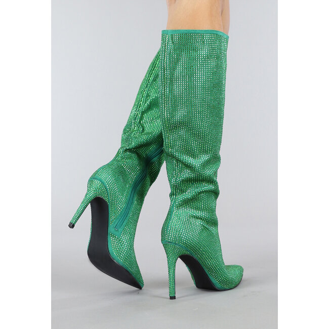 Lange grüne Glitzerstiefel mit Stilettoabsatz