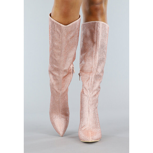 Lange rosegoldene Glitzerstiefel mit Stilettoabsatz