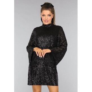 Petite Schwarzes Paillettenkleid mit weiten Ärmeln