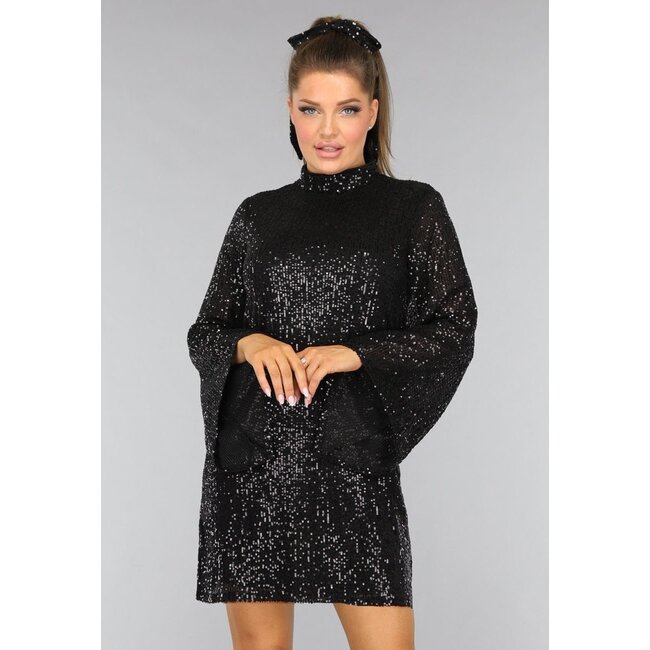 Petite Schwarzes Paillettenkleid mit weiten Ärmeln und Taillenband