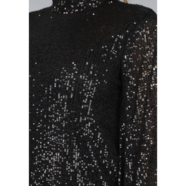 Petite Schwarzes Paillettenkleid mit weiten Ärmeln und Taillenband