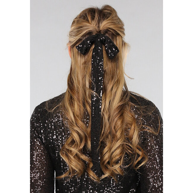 Petite Schwarzes Paillettenkleid mit weiten Ärmeln und Taillenband