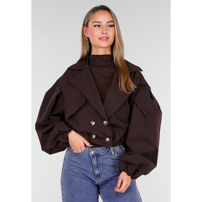 Dunkelbraune kurze Jacke mit Puffärmeln und goldenen Knöpfen