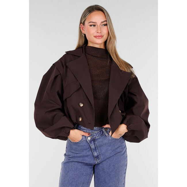 Dunkelbraune kurze Jacke mit Puffärmeln und goldenen Knöpfen