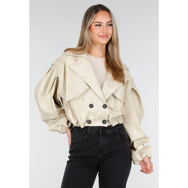 Beige Oversized Kunstlederjacke mit Puffärmeln