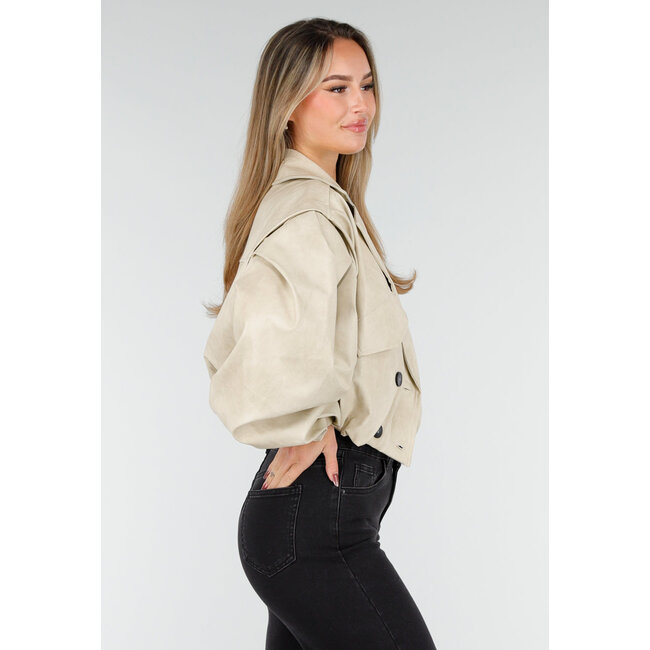 Beige Oversized Kunstlederjacke mit Puffärmeln