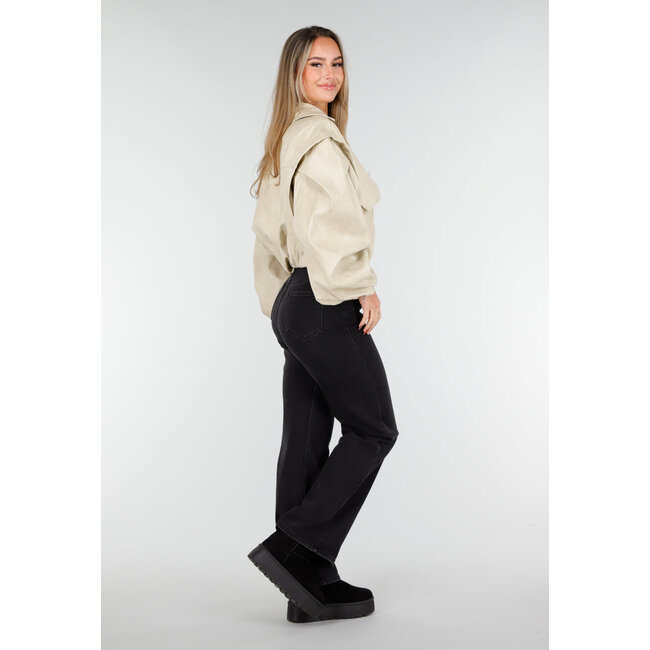 Beige Oversized Kunstlederjacke mit Puffärmeln