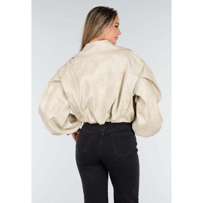 Beige Oversized Kunstlederjacke mit Puffärmeln