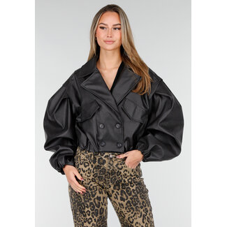 Schwarze Kunstleder-Cropped-Jacke