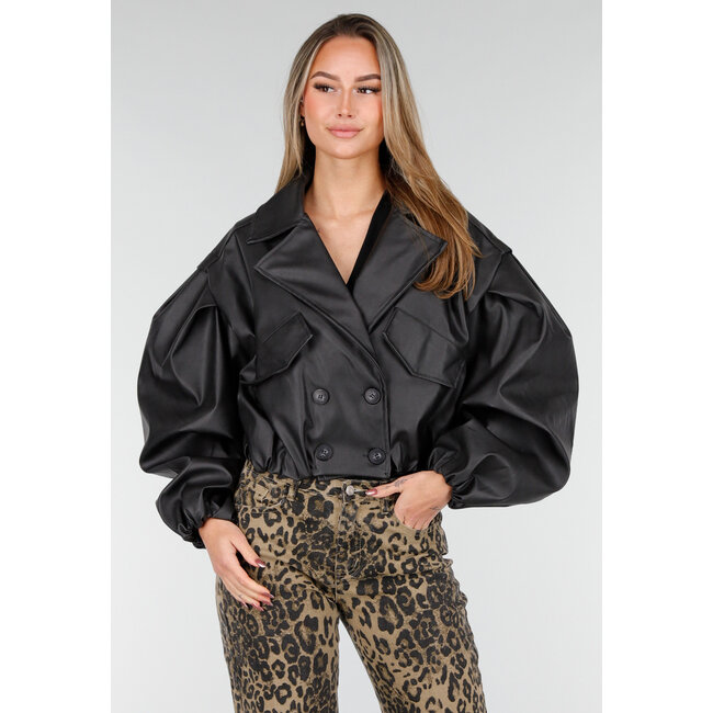 Schwarze Kunstleder-Cropped-Jacke mit Oversize-Ärmeln