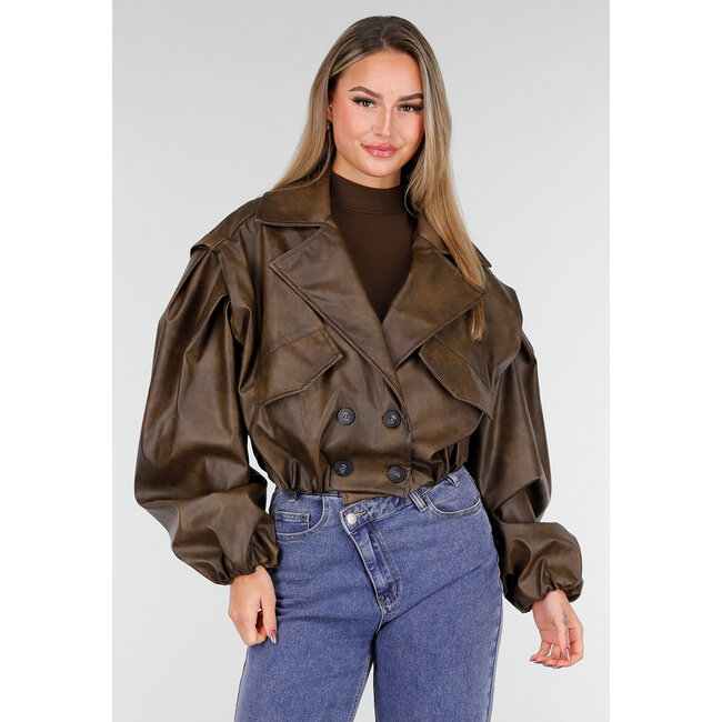 Braune Oversized-Jacke aus Kunstleder mit Puffärmeln