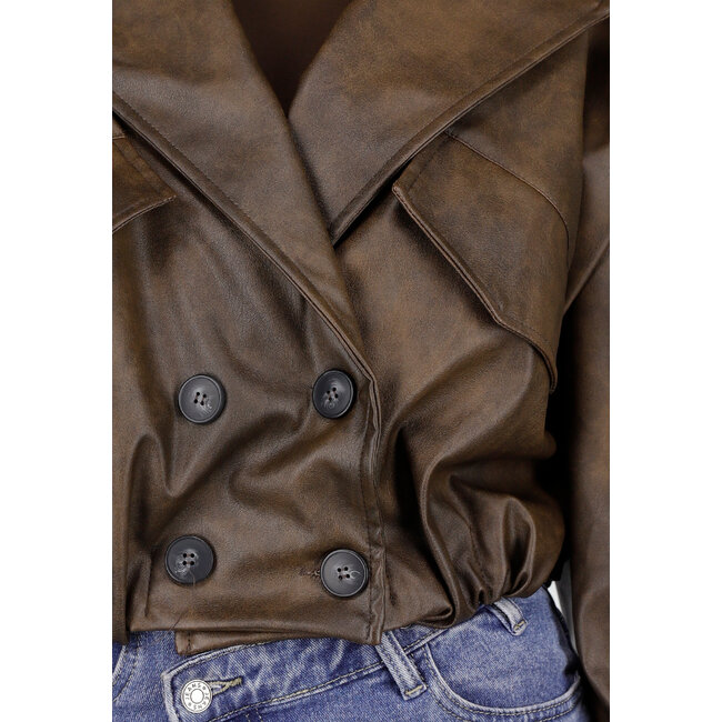 Braune Oversized-Jacke aus Kunstleder mit Puffärmeln