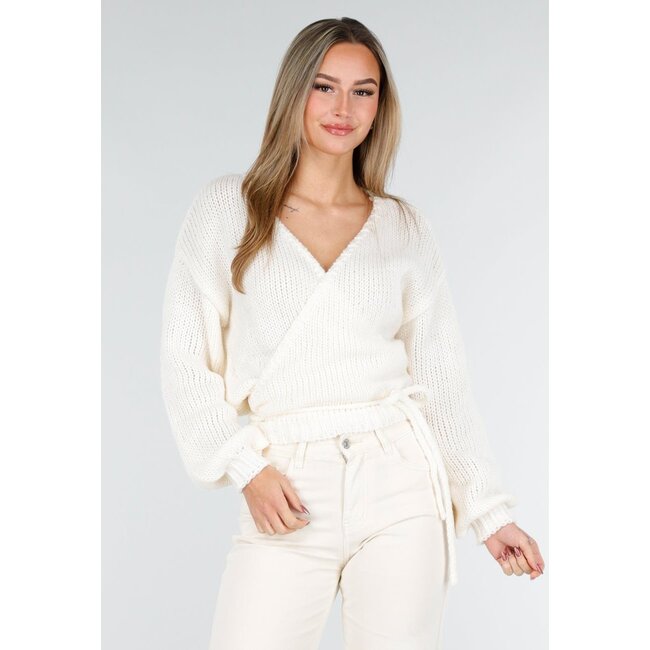 Ecru Strick-Wickelpullover mit V-Ausschnitt