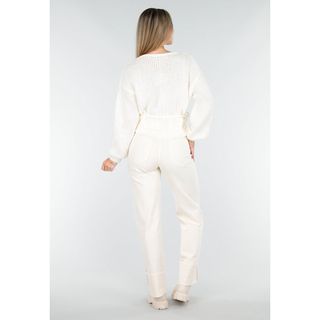 Ecru Strick-Wickelpullover mit V-Ausschnitt