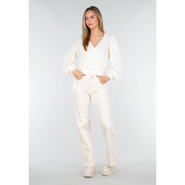 Ecru Strick-Wickelpullover mit V-Ausschnitt