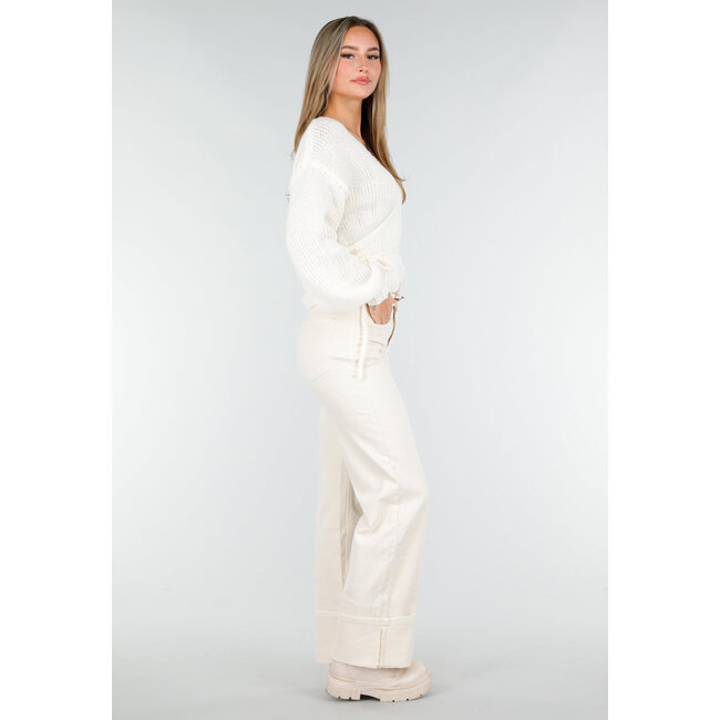 Ecru Strick-Wickelpullover mit V-Ausschnitt