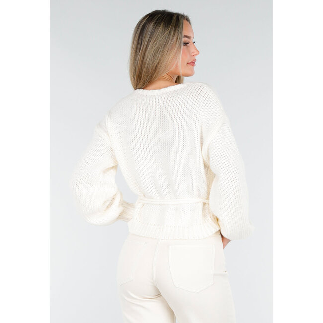 Ecru Strick-Wickelpullover mit V-Ausschnitt