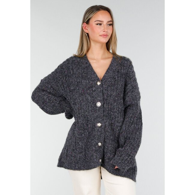Dark Grey Knitted Cardigan with Buttons and V-Neck
