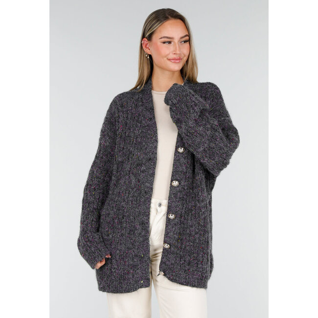Dark Grey Knitted Cardigan with Buttons and V-Neck
