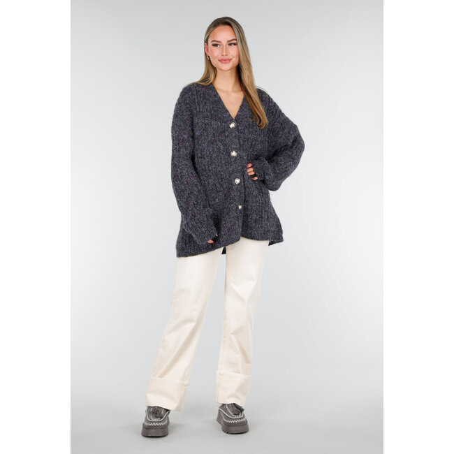 Dark Grey Knitted Cardigan with Buttons and V-Neck