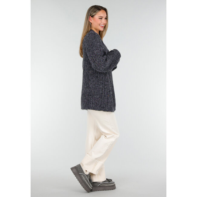 Dark Grey Knitted Cardigan with Buttons and V-Neck