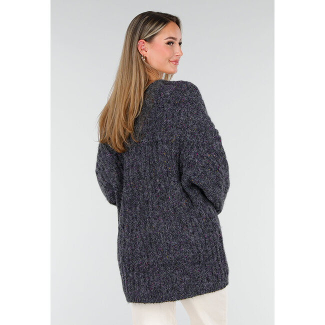 Dark Grey Knitted Cardigan with Buttons and V-Neck