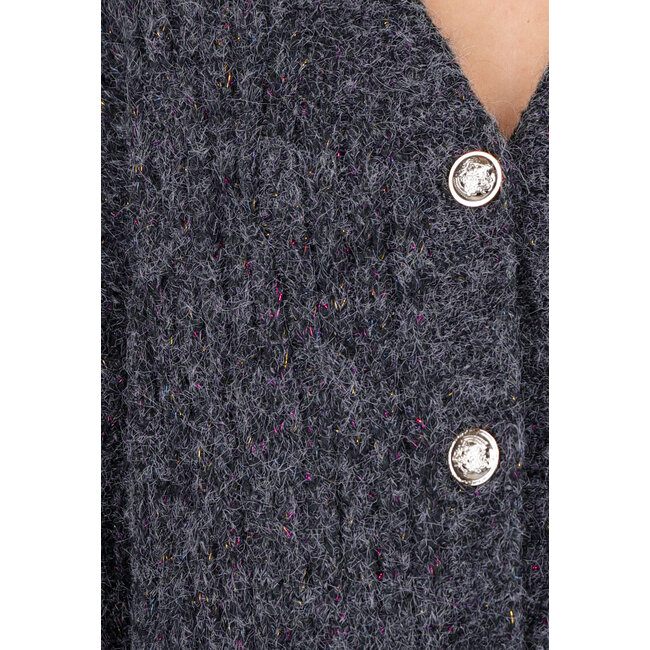 Dark Grey Knitted Cardigan with Buttons and V-Neck