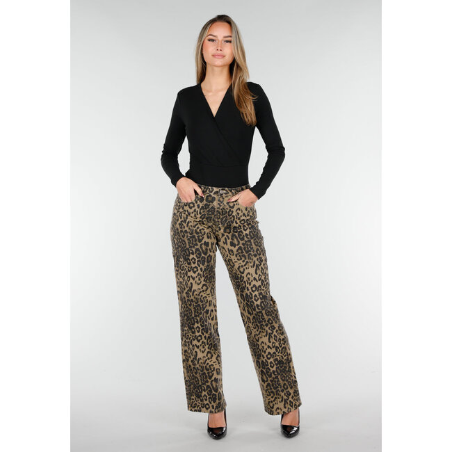 Braune Stretchhose mit Leopardenmuster und geradem Bein