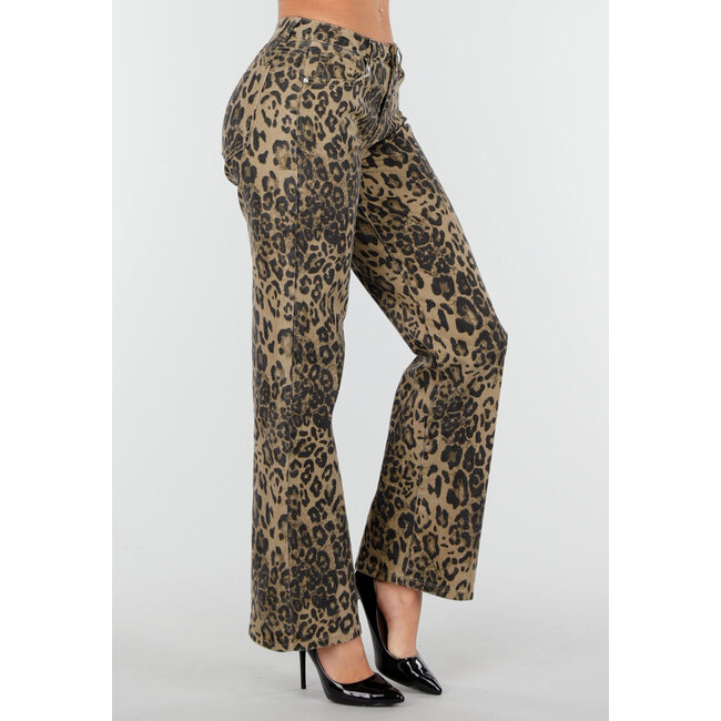 Braune Stretchhose mit Leopardenmuster und geradem Bein