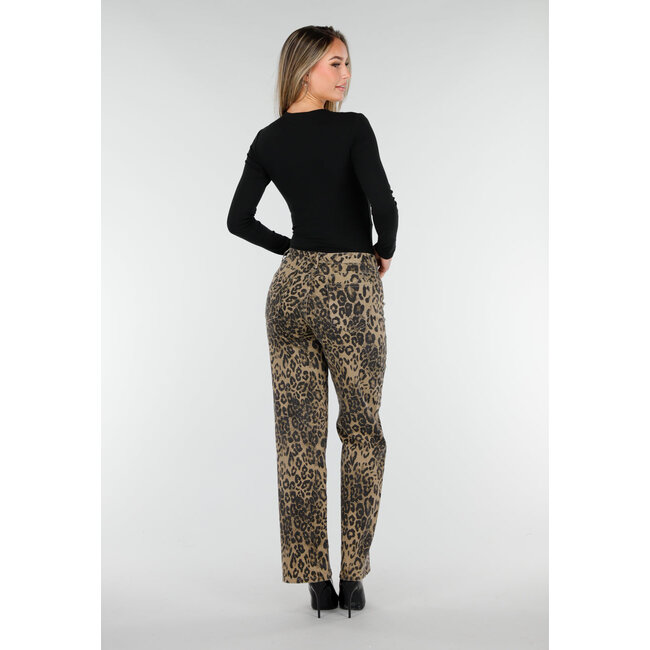 Braune Stretchhose mit Leopardenmuster und geradem Bein