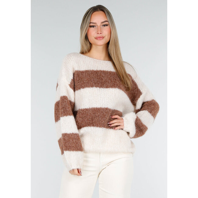 Gestreifter cremefarbener und brauner Wollpullover mit langen Ärmeln