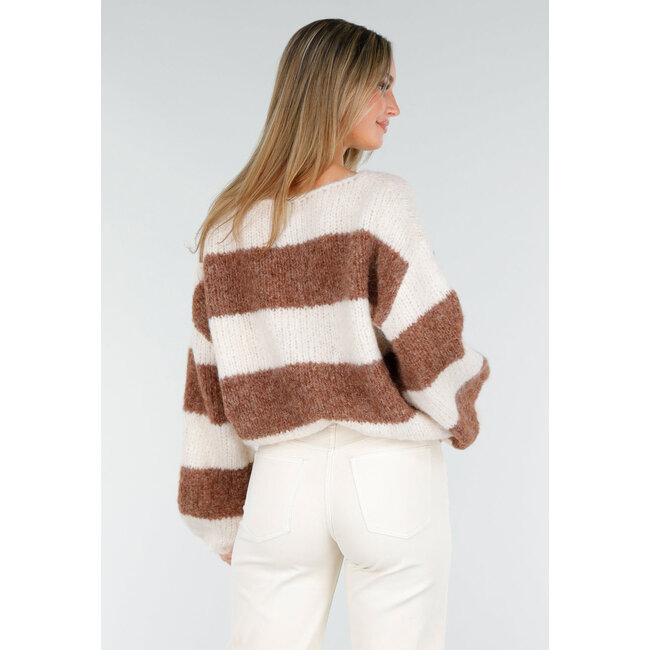 Gestreifter cremefarbener und brauner Wollpullover mit langen Ärmeln