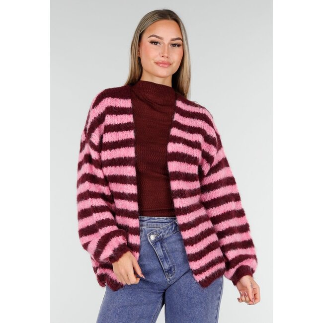 Gestreiftes rosa und bordeauxrotes Wolljacke mit langen Ärmeln