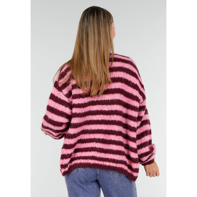 Gestreiftes rosa und bordeauxrotes Wolljacke mit langen Ärmeln