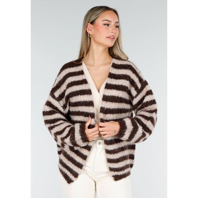 Gestreifter cremefarbener und brauner Wollcardigan mit langen Ärmeln