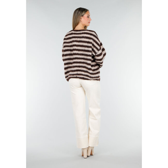 Gestreifter cremefarbener und brauner Wollcardigan mit langen Ärmeln