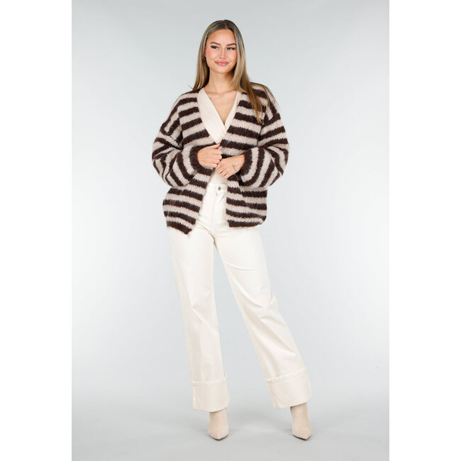 Gestreifter cremefarbener und brauner Wollcardigan mit langen Ärmeln