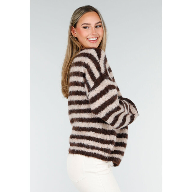 Gestreifter cremefarbener und brauner Wollcardigan mit langen Ärmeln