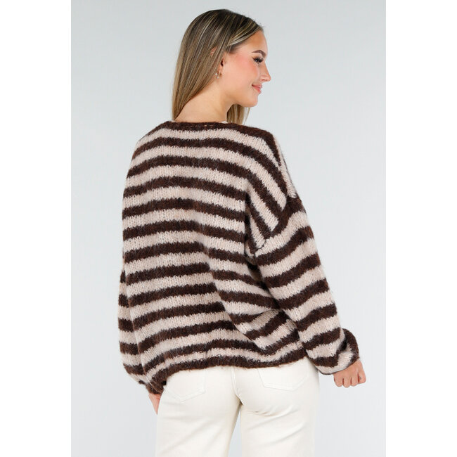 Gestreifter cremefarbener und brauner Wollcardigan mit langen Ärmeln