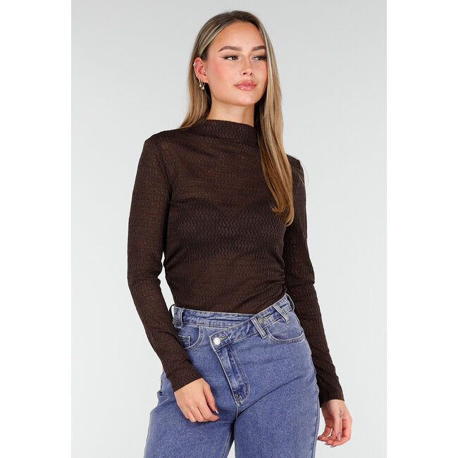 Braunes, halbtransparentes Mesh-Oberteil mit langen Ärmeln