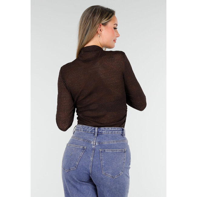 Braunes, halbtransparentes Mesh-Oberteil mit langen Ärmeln