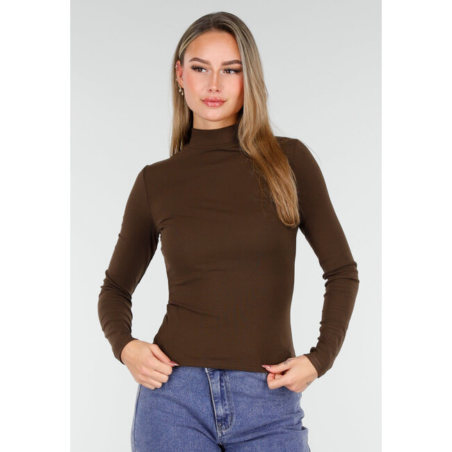 Braunes, weiches Stretch-Oberteil mit langen Ärmeln und Rollkragen